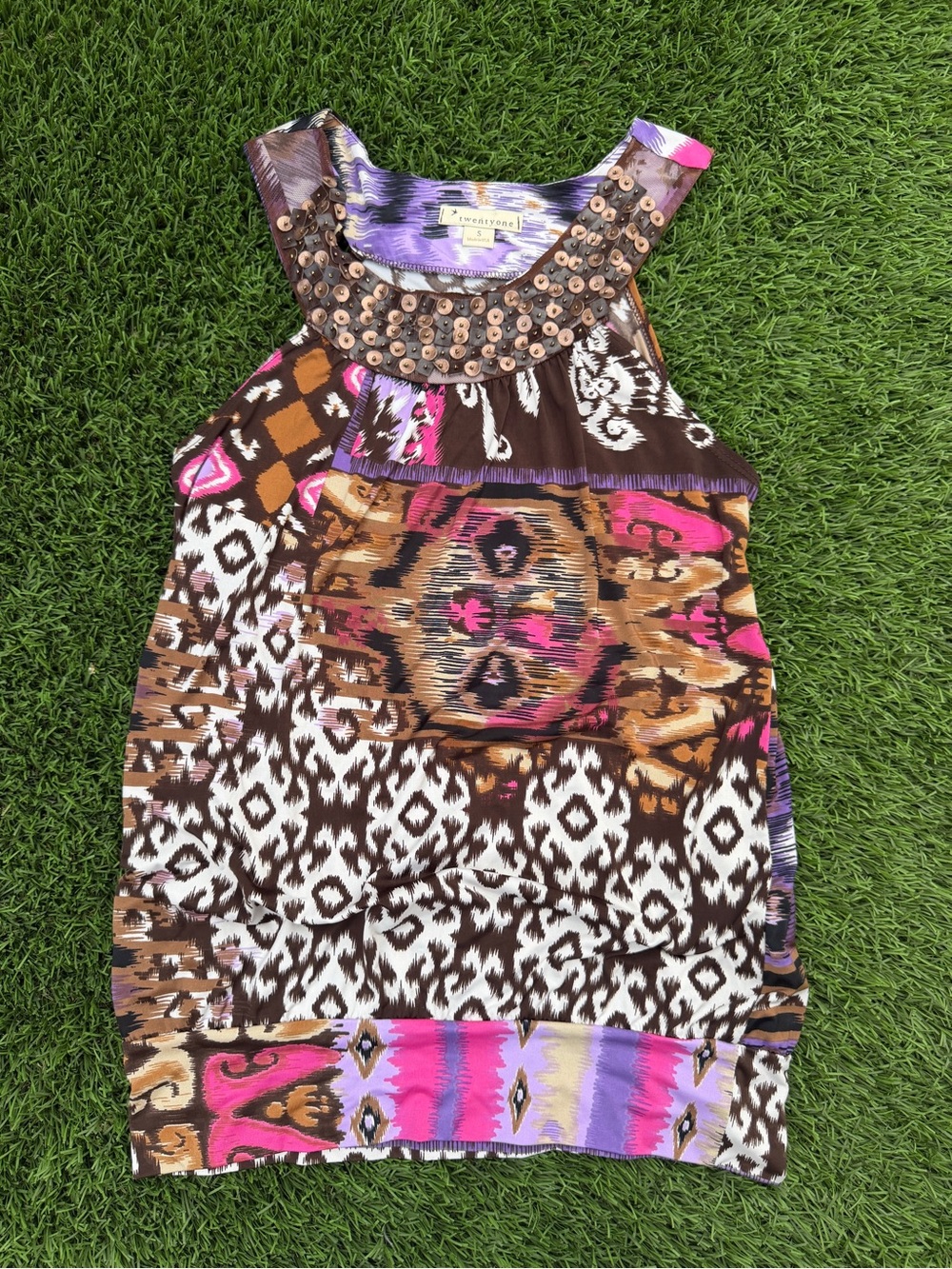 Forever 21 Brown Multicolor Tribal Beaded Yoke Tank